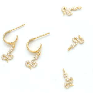 Tiny Snake Cubic Charm, N33-R7, 2 pcs, 11mm, 1.5mm open loop, 16K gold plated brass, Nickel free, CZ, Snake pendant, Snake earrings making