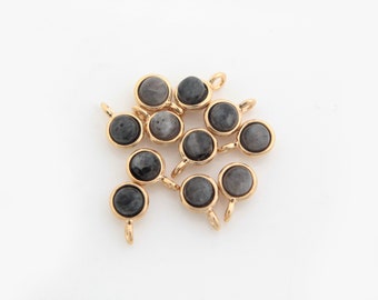 Round Gemstone Charm, Black Labradorite, N36-R1, 2 pieces, 4mm, 1 open link, 16K gold plated brass, Little charm, Tiny charm, Round charm