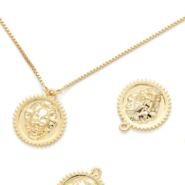 Lion pendant, O4-G11, 2 pcs, 20x17mm including 0.8mm loop, 16K gold plated zinc alloy, Nickel free, Coin pendant, Lion charm, Animal pendant