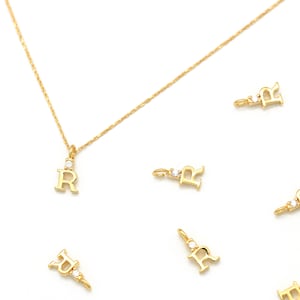 2 pcs, AR-G14, Minimal Cubic Capital Letter R, 16K Gold Plated Brass, Nickel Free, Approx. 7mm, 1.7mm thick, Alphabet Charm, Initial Pendant