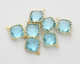 Framed glass connector, N11-G4, 2 pcs, 13.5x18mm, Aquamarine, Square, Cutting glass, Gold plated brass, Jewelry component, FS13-04