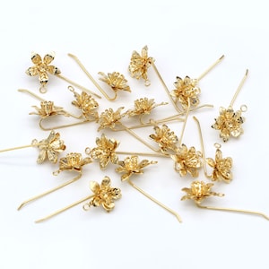 Flower Ear Hook w/ open link, T54-P5, 2pcs, Nickel free, 16mm Flower, 16K gold plated brass, Earring Making Hook, Earring Supplies Component