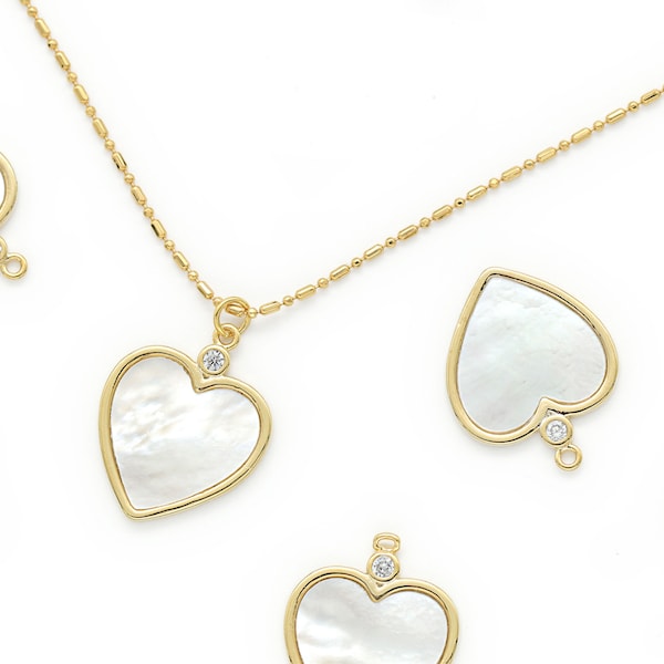 Mother-of-pearl heart charm, Q10-P4, 1 piece, 19.7x15.7mm including 1mm loop, 16K gold plated brass, Nickel free, CZ, Mother-of pearl charm