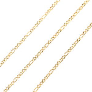 May include: Three gold chains with a delicate, oval-shaped link pattern. The chains are arranged in a diagonal pattern on a white background.