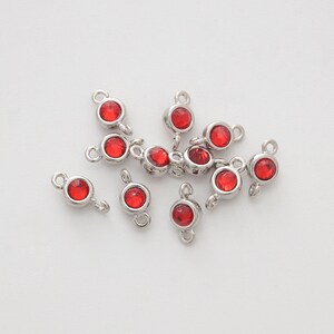 2 pieces, Birth Stone Charm Connector, Nickel free, K8RU-R, 7x3mm, Original rhodium plated brass, Ruby, CZ, Little cubic charm, Open links