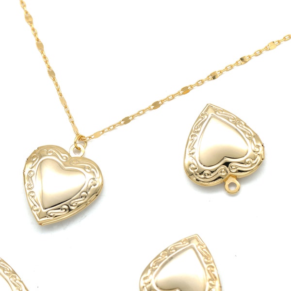 Victorian Heart Locket Pendant, Q8-G8, 1 piece, 20x20mm, Inner 2mm link, 16K Gold Plated Brass, Nickel Free, Vintage Necklace, Photo Locket