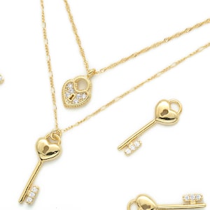 Heart cubic key charm, S75-G11, 1 piece, 12x8mm w/ 2mm loop, 16K gold plated brass, CZ, Cubic key pendant, Dainty charm, Minimal pendant