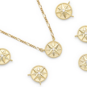Cubic round star charm, Q12-G1, 2 pcs, 12mm w/ 0.7mm loops, 16k gold plated brass, Nickel free, Cubic zirconia, Star pendant, Star coin