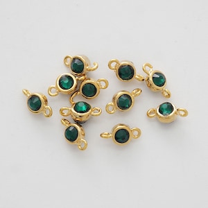 Birth Stone Charm Connector, Nickel free, 7x3mm, 16K gold plated brass, Emerald, CZ, Little cubic charm, Open link, 2 pieces, [K8EM-G]