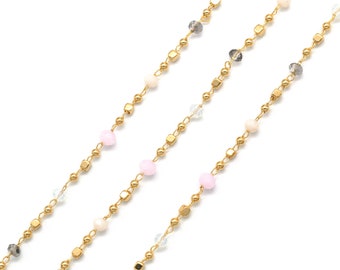 Rose Quartz & Montana Mix Bead Chain, Nickel free, CJ43-07, 1 meter, 16K gold plated brass ball bead / copper brass wire