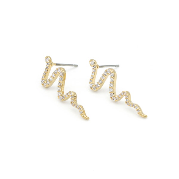 Cubic snake stud earring, N33-R8, 2 pcs, 26mm long, 16K gold plated brass, Nickel free, Cubic zirconia, Earring component, Snake earring