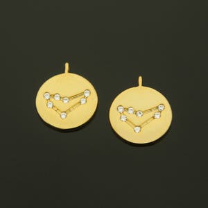 Zodiac Coin Pendant, Coin w/ link, Capricorn, A26-G10, 2 pcs, Nickel free, 10mm, 16K gold plated brass, CZ, Constellation, Birth sign charm