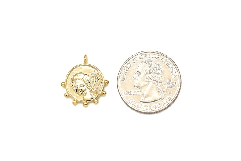Angel coin pendant w/ dot point, Q5-R1, 2 pcs, Nickel free, Approx. 18mm, Inner 1.6mm link, 16K gold plated brass, Baby angle charm image 4