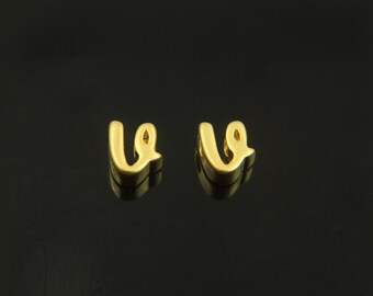 Alphabet v, AV-G10, 2 pcs, 5x4x3mm, Hole size 1.5x1.7mm, Cursive letter, Matte gold plated brass