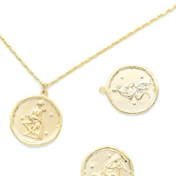 Zodiac Coin Pendant, Aquarius, K10-G11, 1 piece, 18mm, Inner 1.2mm link, 16K Gold Plated Brass, Nickel free, Constellation Pendant