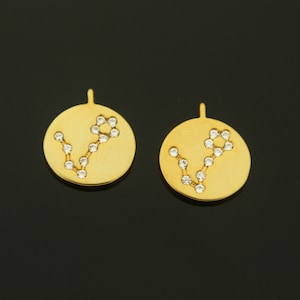 Zodiac Coin Pendant, Coin w/ a link, Pisces, A26-G12, 2 pcs, Nickel free, 10mm, 16K gold plated brass, CZ, Constellation, Birth sign charm