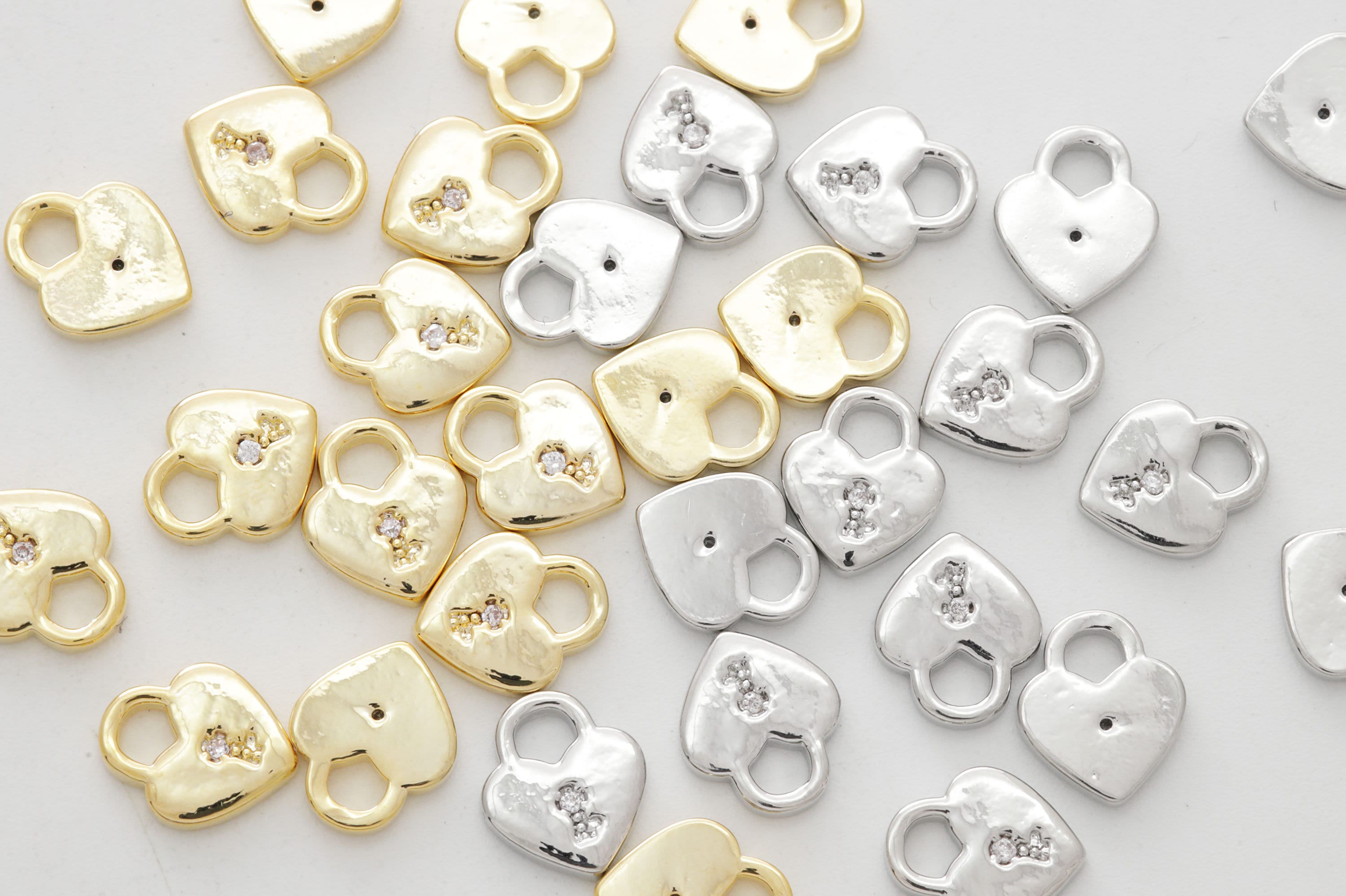 Heart Padlock Charm, Brass, Cubic Zirconia, Nickel Free