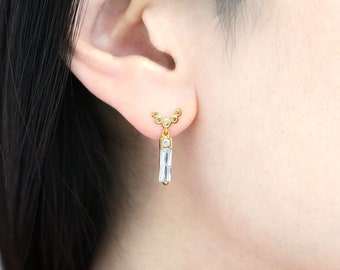 Minimal Cubic Bar Charm, S71-R2, Nickel free, 2 pcs, 12x3mm, Close link, 16K gold plated brass, Cubic Zirconia, Earring Making, Bar Pendant