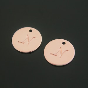 Alphabet Coin, AN-P9, 2pcs, 12mm, 1mm hole, Coin Pendant with Alphabet Engraved &quot;N&quot;, Rose Gold Plated Brass, Initial Pendant ni