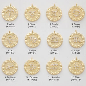 Round cubic zodiac charm, Brass, Cubic zirconia, Nickel free, Birth Sign, Constellation, CZ charm, 1 piece per sign, [K14-VC1]