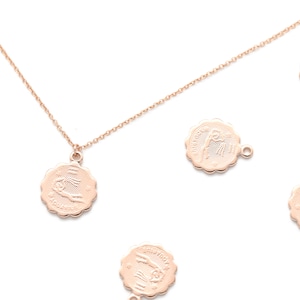 Zodiac Coin Charm, Aquarius, K9-P11, 2 pcs, 12mm, Rose Gold Plated Brass, Constellation, Birth Sign Pendant
