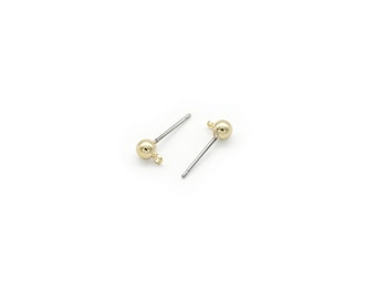 Ball head w/ horizontal link earring post, Nickel free, 4mm ball, 16k gold plated brass, Dangle & Drop Post, 2 pcs, [E11-G4]