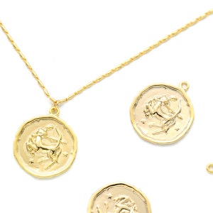 Zodiac Coin Pendant, Sagittarius, K10-G9, 1 piece, 18mm, Inner 1.2mm link, 16K Gold Plated Brass, Nickel free, Constellation Pendant