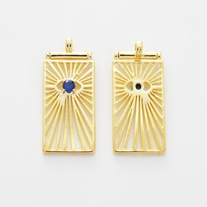 Evil eye rectangle charm(Blue), P7-G17, 1 piece, 30x13mm including 2.4mm loop, 16K gold plated brass, CZ, Nickel free, Evil eye pendant