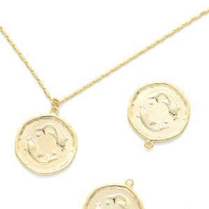 Zodiac Coin Pendant, Pisces, K10-G12, 1 piece, 18mm, Inner 1.2mm link, 16K Gold Plated Brass, Nickel free, Constellation Pendant, Birth Sign
