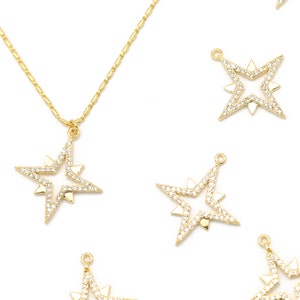 Star Burst Cubic Pendant, N37-R1, 2 pcs, Nickel free, 20mm, 1mm close link, 16K gold plated brass, Cubic zirconia, Necklace making pendant