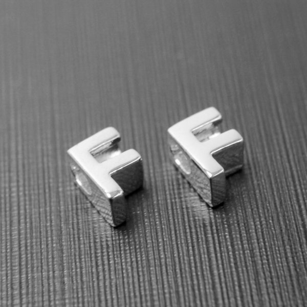 2 pieces, Alphabet F, Nickel free, AF-R6, 7.6x5.2x3.9mm, Hole size 2x3mm, Capital letter, Rhodium plated brass