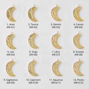 Crescent moon zodiac charms, CZ, Brass, Nickel free, Necklace supplies, Birth Sign, Constellation, 1 piece per sign, [K8-VC1]