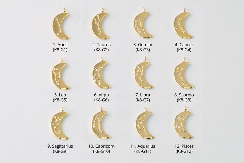 Constellation Nickel free Necklace supplies K8-VC1 Birth Sign Brass CZ Crescent moon zodiac charms 1 piece per sign,