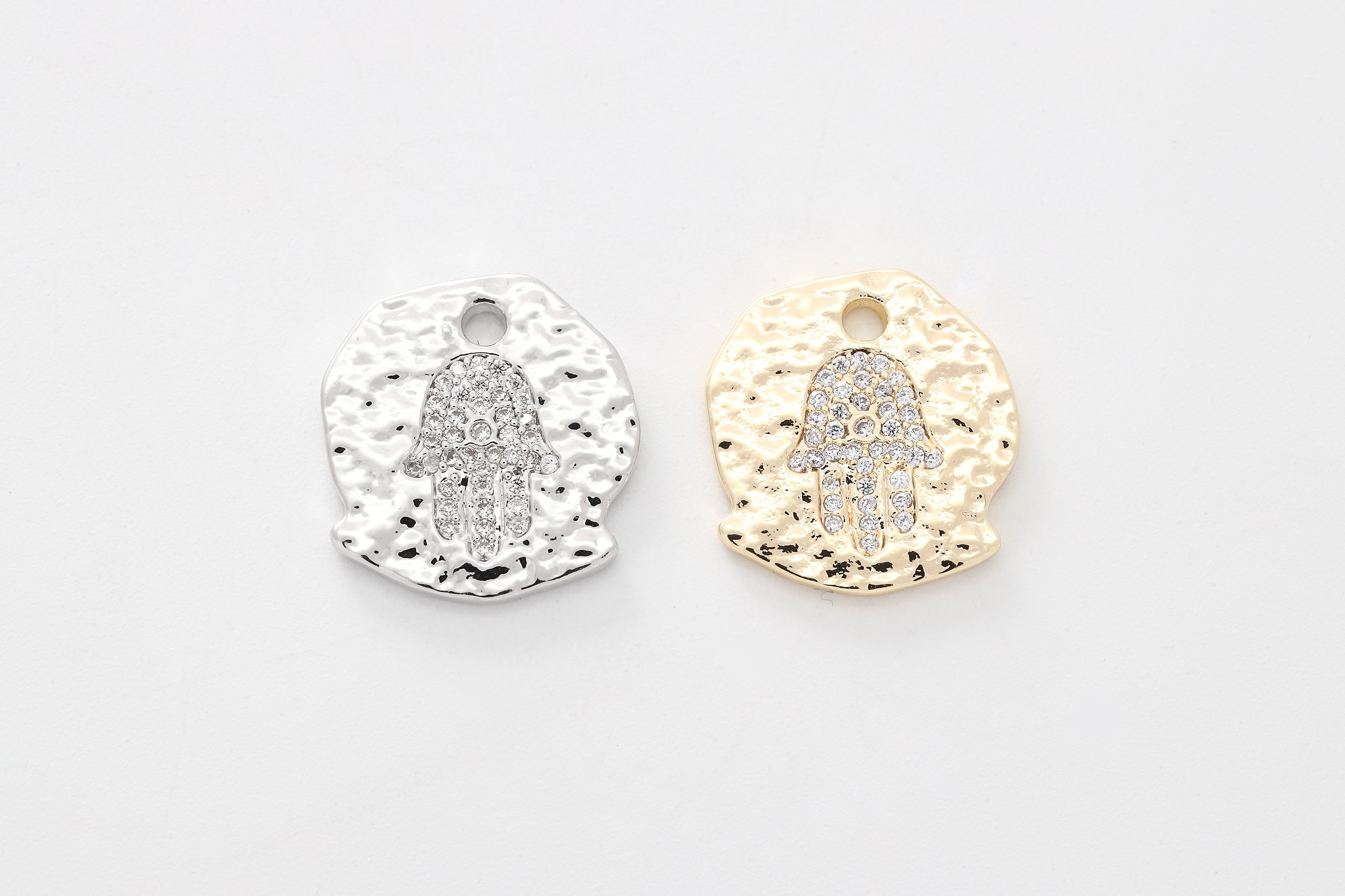 Vintage Cubic Hamsa Charm, Brass, Cubic Zirconia, Nickel