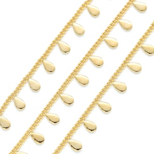 ウォータードロップチャーム付き華奢チェーン、CJ44-08、1 m、3 x 5 mm ドロップチャーム、16K 金メッキ銅真鍮、ニッケルフリー、華奢チェーン ** 1 m ごとに梱包 **