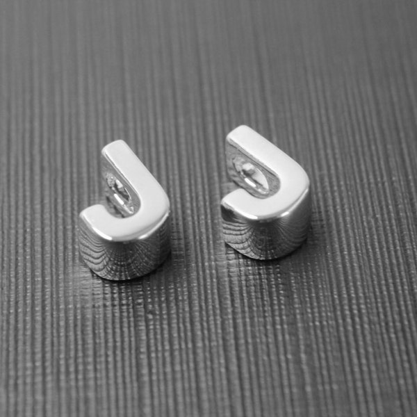 2 pieces, Alphabet J, Nickel free, AJ-R6, 8x5.8x4.2mm, Hole size 1.8x2.8mm, Capital letter, Rhodium plated brass