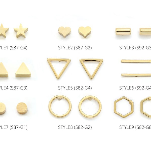 Simple stud earring collection, 2 pcs per style, 16k gold plated brass, Nickel free