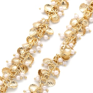 Perlen & Muschel handgefertigte Kette, CJ31-10, 95 cm (0,95 M), Ozeankette, Nautikperlenkette, 16K vergoldetes Eisen, Acrylperle, nickelfrei