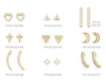 Cubic stud earring collection, 2 pcs per style, 16k gold plated brass, Cubic zirconia, Nickel free