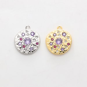 Colorful cubic round charm, CZ, Brass, Nickel free, Necklace makings, Jewelry supplies, Unique pendant, 1 piece, [Q11-VC3]