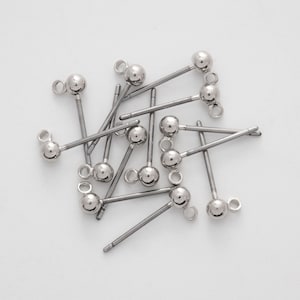 Ball head w/ link earring post, Nickel free, 3mm ball, Original rhodium plated brass, Link for Dangle & Drop Earrings, 2 pcs, [E11-R3]