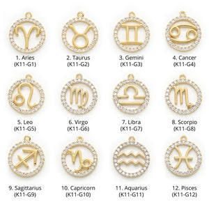 Round cubic zodiac set, K11-G13, 1 set (12 pcs), 14x12mm, 16k gold plated brass, Nickel free, Constellation necklace charm, Zodiac