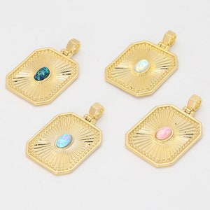 Bold rectangle charm w/ opal, Nickel free, Brass, Lab-created opal, Bold pendant, Necklace supplies, Jewelry makings, 1 piece, [Q9-VC3]