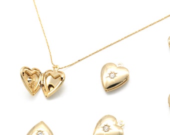 Heart Locket Pendant w/ CZ, Q8-G1, 1 piece, 16x13mm, Inner 1.6mm link, 16K Gold Plated Brass, Nickel Free, Vintage Necklace, Photo Medallion