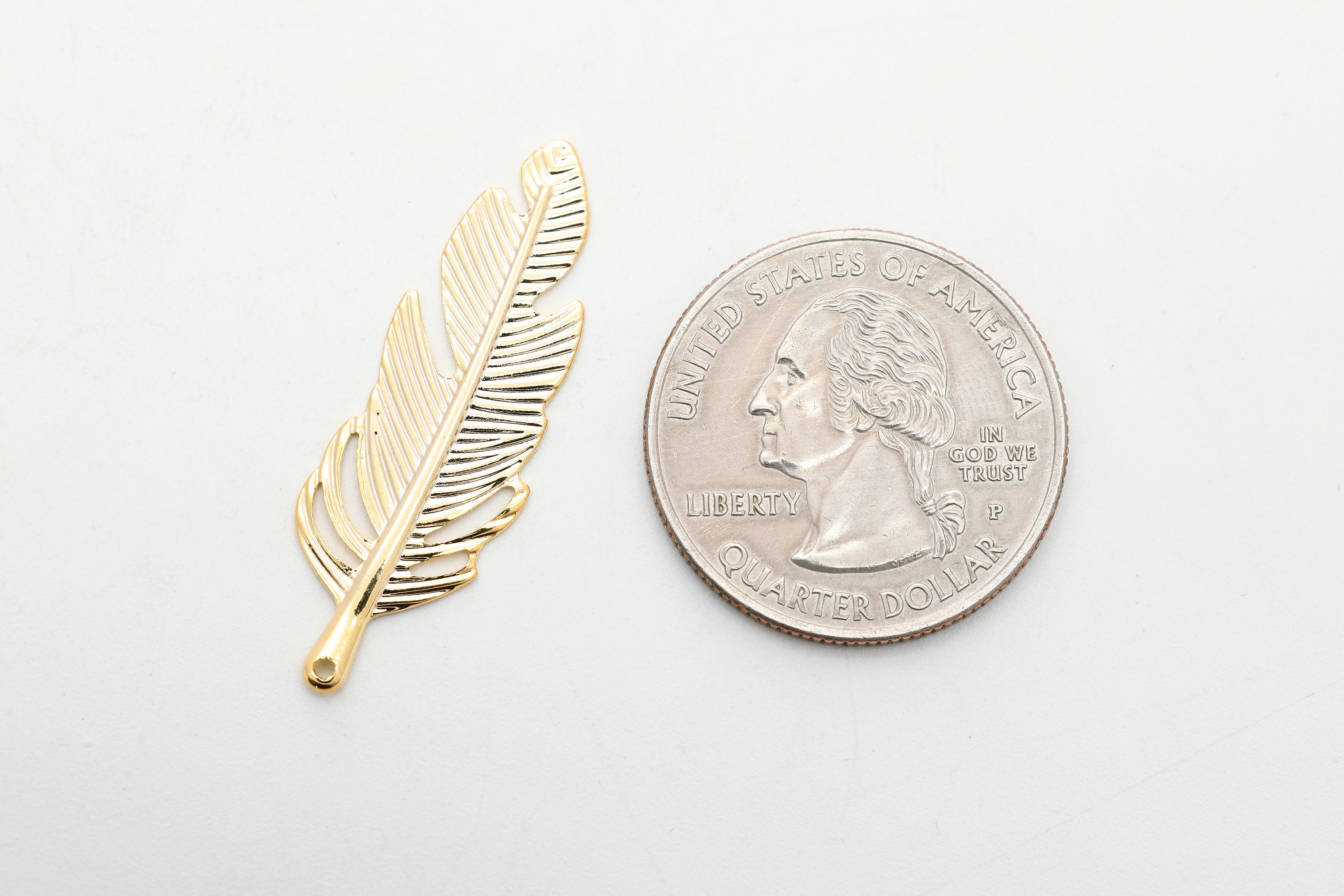 Feather Charm, Nickel Free, 35x12mm, 0.5mm Thick, 16K Gold