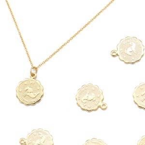 Zodiac Coin Charm, Capricorn, K9-G10, 2 pcs, Nickel free, 12mm, Inner 1.2mm link, 16K Gold Plated Brass, Constellation Pendant, Birth Sign