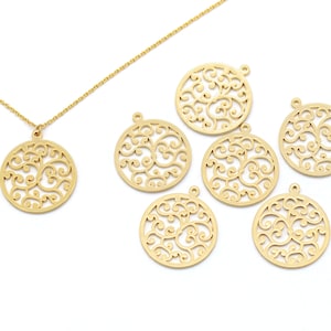 Vintage pattern round pendant, T70-R5, Nickel free, 2 pcs, 22mm, Closed link, 16K gold plated brass, Necklace making, Round charm