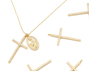Large cubic cross pendant, M8-G4, 2 pcs, 29x16mm, 16K gold plated brass, Nickel free, CZ, Necklace making cross pendant, Cubic pave pendant
