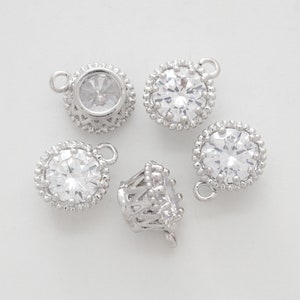 Cubic pendant, P3-R11, 2 pcs, 10mm, 6mm thick, CZ round pendant, Cubic zirconia, Original rhodium plated brass