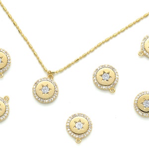 Cuic star coin charm, Q12-G2, 1 piece, 10mm w/ 0.7mm loop, 16k gold plated brass, Nickel free, Cubic zirconia, Star pendant, Star medallion